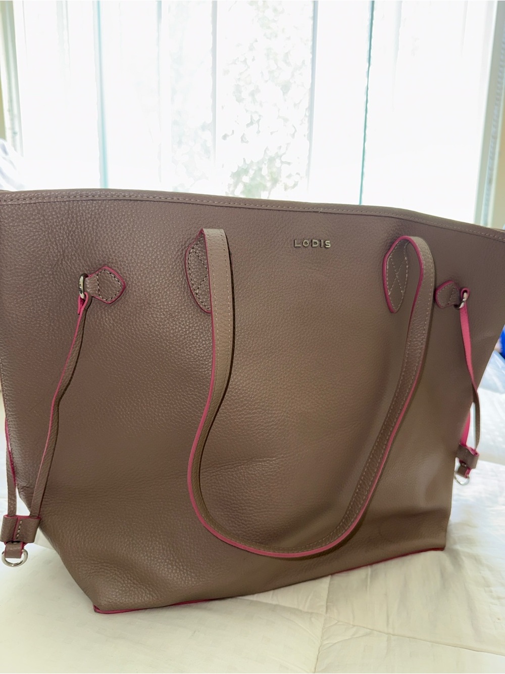 Lodis Taupe Leather Tote with Pink Trim Accents
